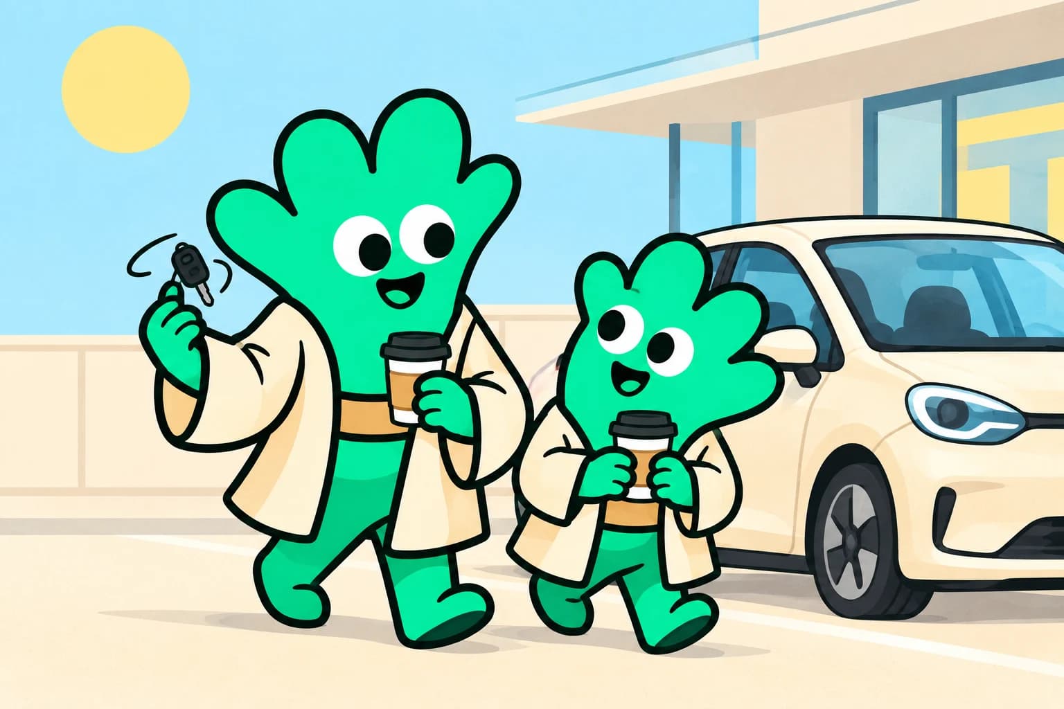 the maestro and padawan walk together holding coffees beside a parked car