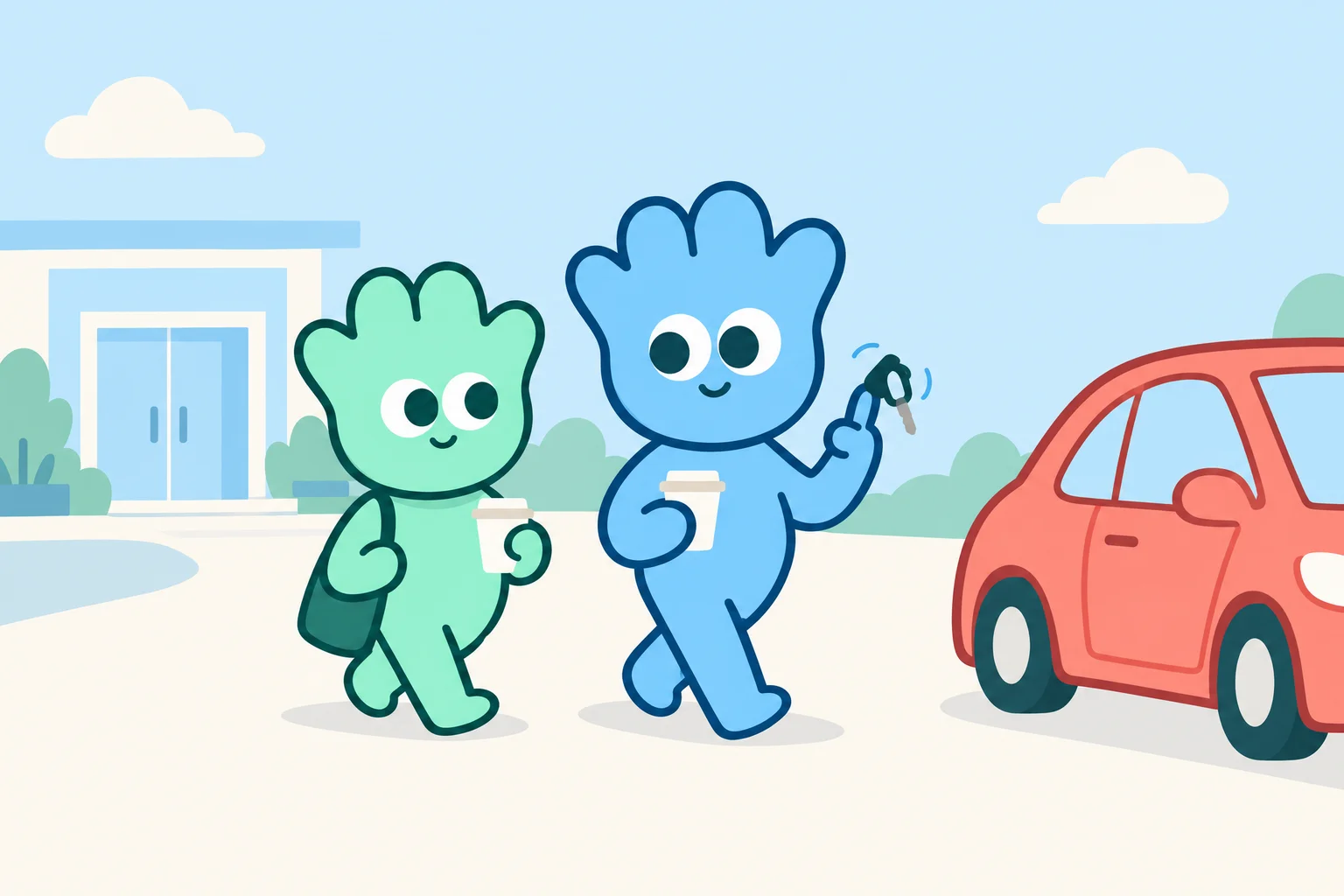 dos mascotas de naiss, una menta con una bolsa y otra azul cielo que hace girar la llave del coche, caminan juntas con sus cafés desde la oficina hacia un coche coral aparcado