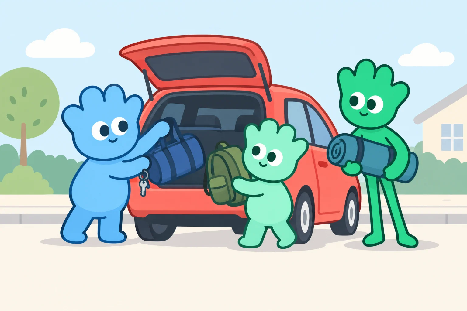 three naiss companions in sky blue, mint and green load the open boot of a parked red hatchback before a trip, each carrying its own bag; the blue one holding the car keys lifts a duffel bag in too