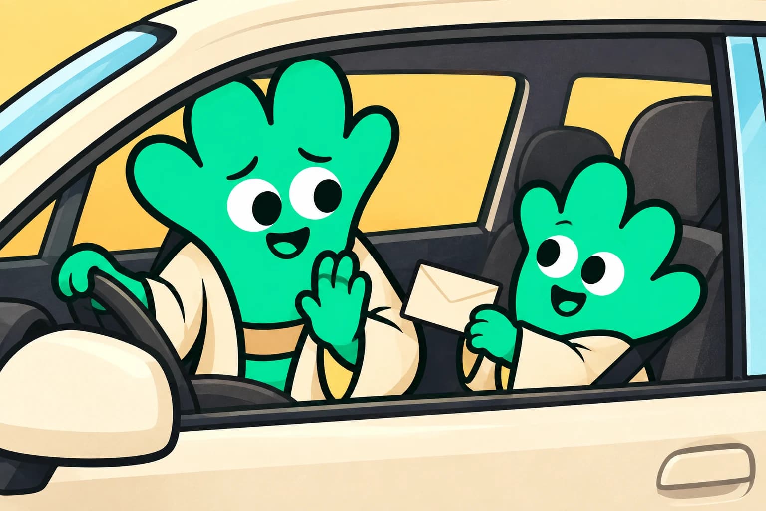 inside a parked car, the maestro bashfully declines the envelope offered by the padawan