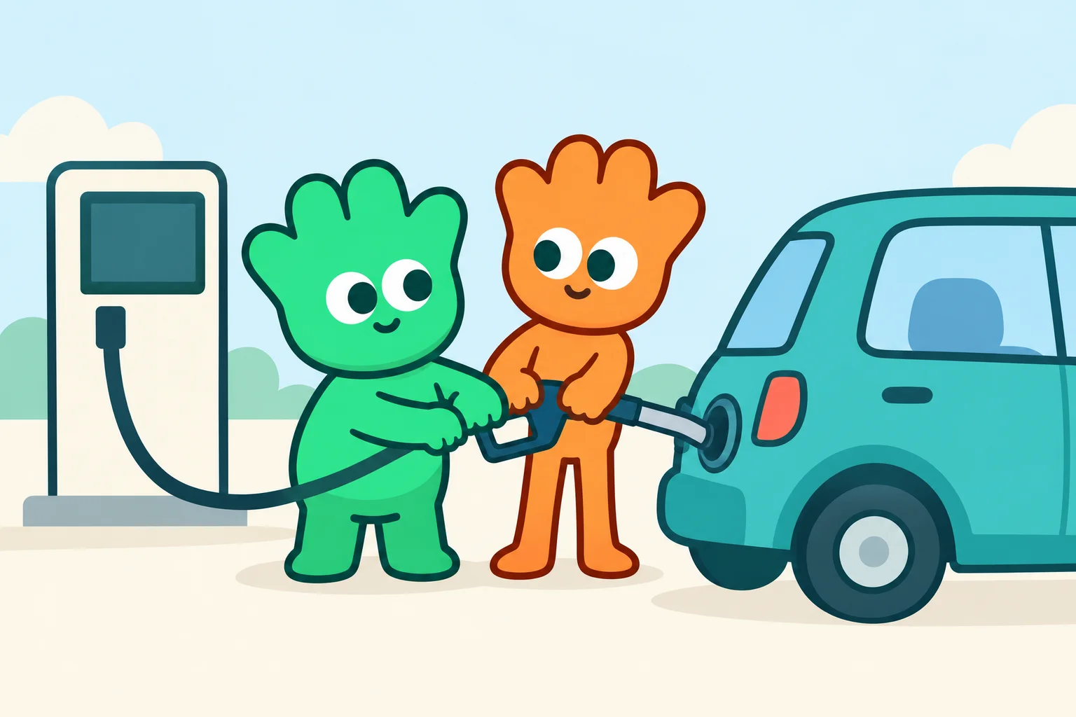 en una gasolinera, una mascota verde de naiss y su amiga naranja sujetan juntas el surtidor y llenan el depósito de su coche verde azulado aparcado